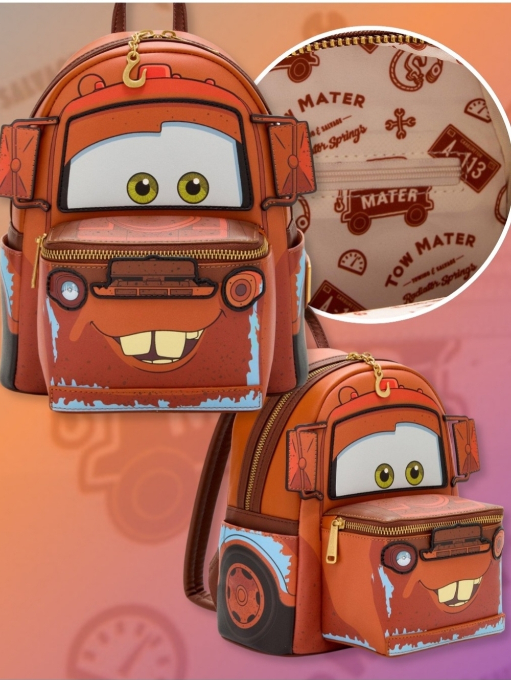 NWT Loungefly Disney Pixar Cars Mater Light Up Figural Mini Backpack